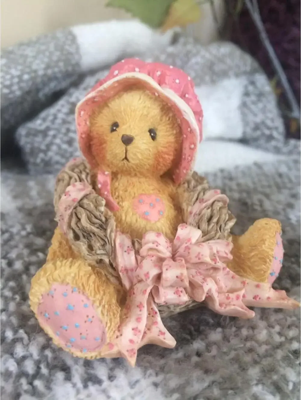 Priscilla Vintage Ceramic Bear Figurine with Pink Bonnet and Ribbon